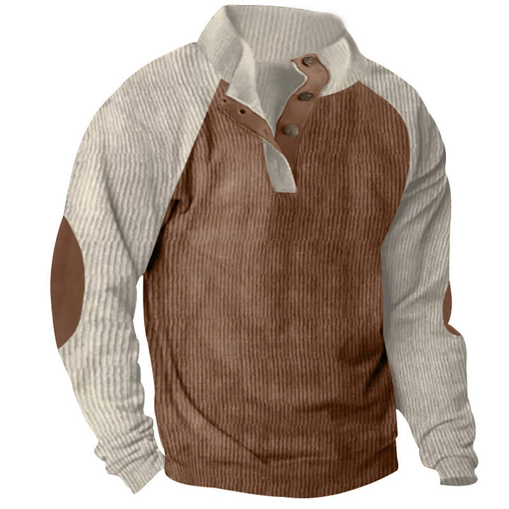 Herren Strukturiertes Raglan-Henley-Pullover mit Stehkragen, Ellenbogenpatches & Knopfleiste Drune