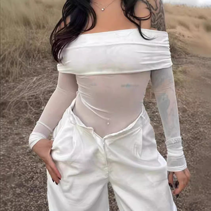 Damen Off-Shoulder Langarmbody mit transparenten Akzenten Drune