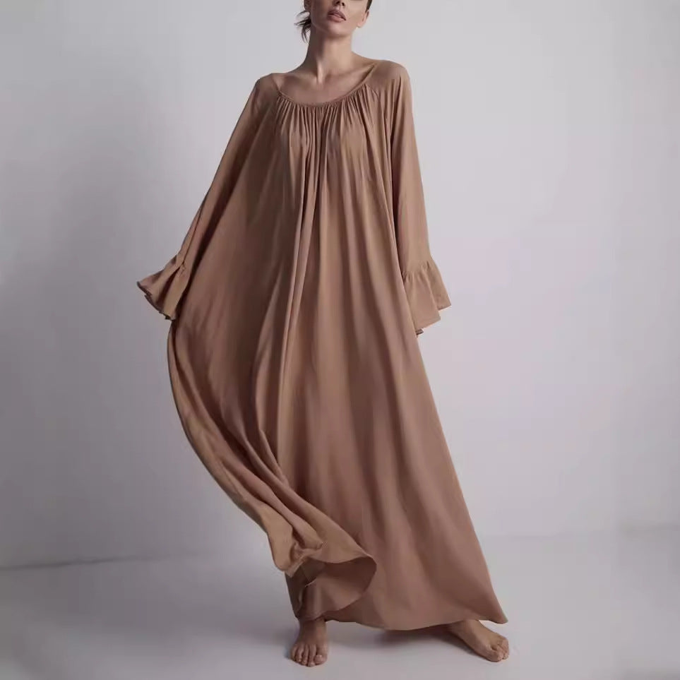 Damen Elegantes Maxi-Nachtkleid mit weiten Rüschensäumen und fließendem Schnitt Drune