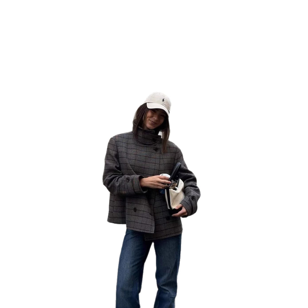 Damen Kariertes Oversized-Jacke mit hohem Kragen Drune