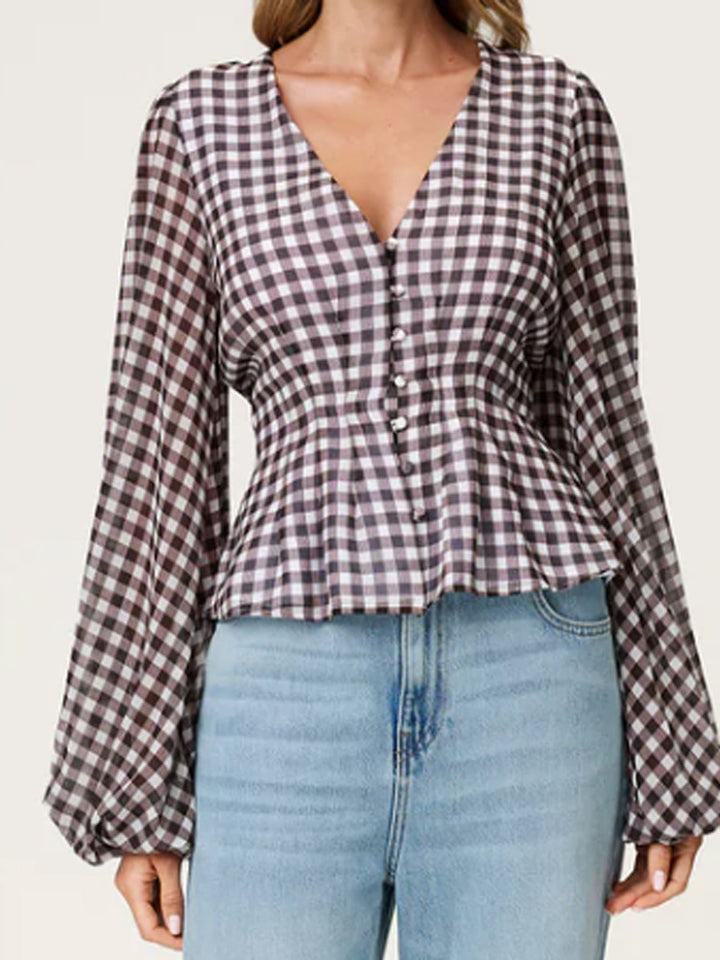 Damen Jacquard-Spitzenbluse mit tailliertem Schößchen und Ballonärmeln Drune