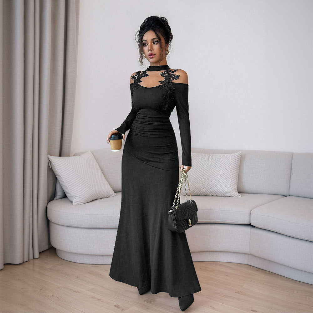 Damen figurbetontes Abendkleid mit schulterfreier Ärmelgestaltung und floralen Akzenten Drune