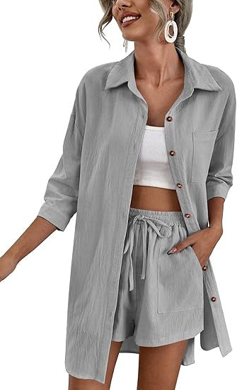 Damen Leichtes Longline-Hemdjacken-Set mit elastischer High-Waist-Shorts Drune