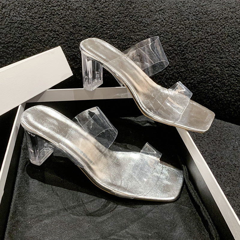 Damen Transparente PVC‑Mules mit klarem Blockabsatz und metallischem Fußbett Drune