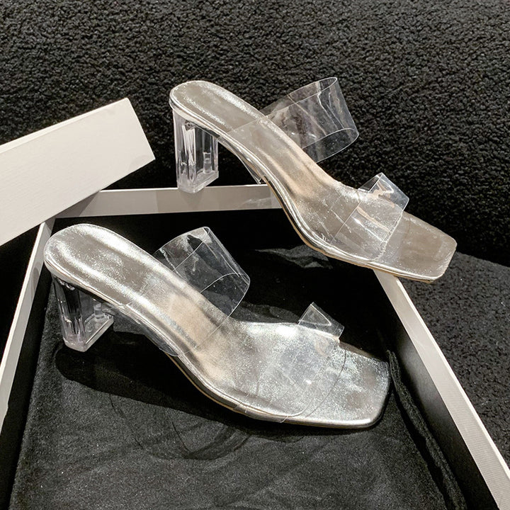 Damen Transparente PVC‑Mules mit klarem Blockabsatz und metallischem Fußbett Drune