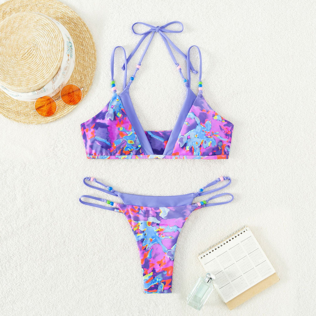 Damen Triangel-Bikini mit trendy Blumenmuster und modischem Bindesystem Drune