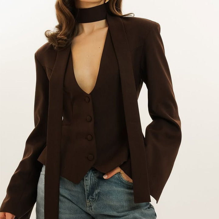 Damen Elegantes tailliertes Blazer-Set mit Weste und Schluppe Drune