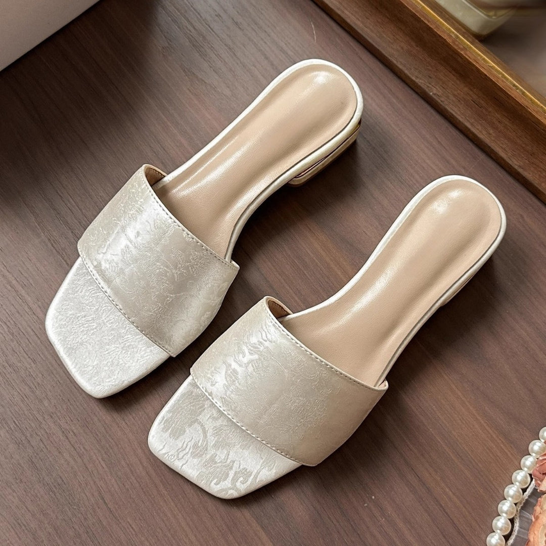 Damen Bestickte Brokat‑Mules mit quadratischer Zehenpartie und niedrigem geformtem Blockabsatz Drune