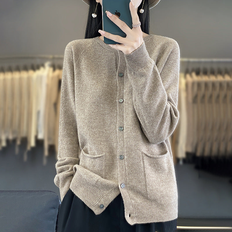 Damen Langer Feinstrick-Cardigan mit Rundhalsausschnitt, Eingrifftaschen und Alpaka-Mix Drune