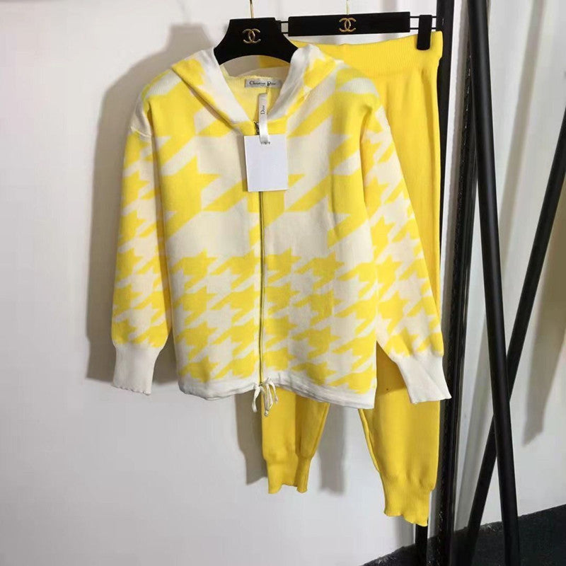 Damen modisches Strick-Loungewear-Set mit auffälligem Hahnentrittmuster Drune