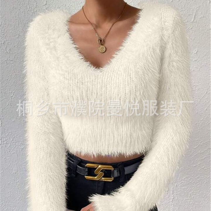 Damen Flauschiger Crop-Pullover mit V-Ausschnitt und Eyelash-Struktur Drune