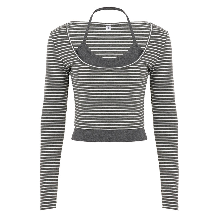 Damen Enges Layering-Longsleeve mit tiefem U-Ausschnitt und integrierter Camisole Drune