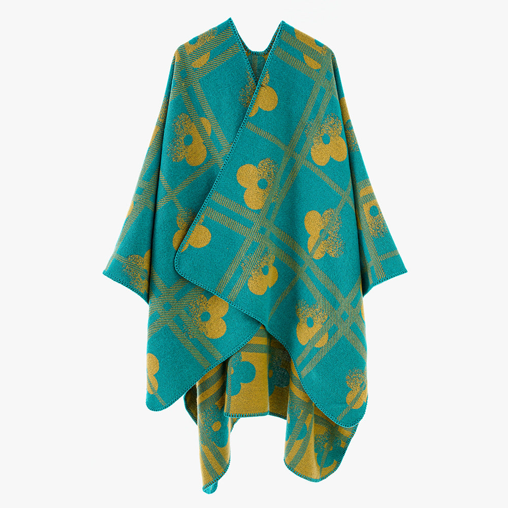 Damen Reversibler Jacquard-Poncho aus Wollmix mit floralem Karo‑Motiv und Zierkettelnaht Drune