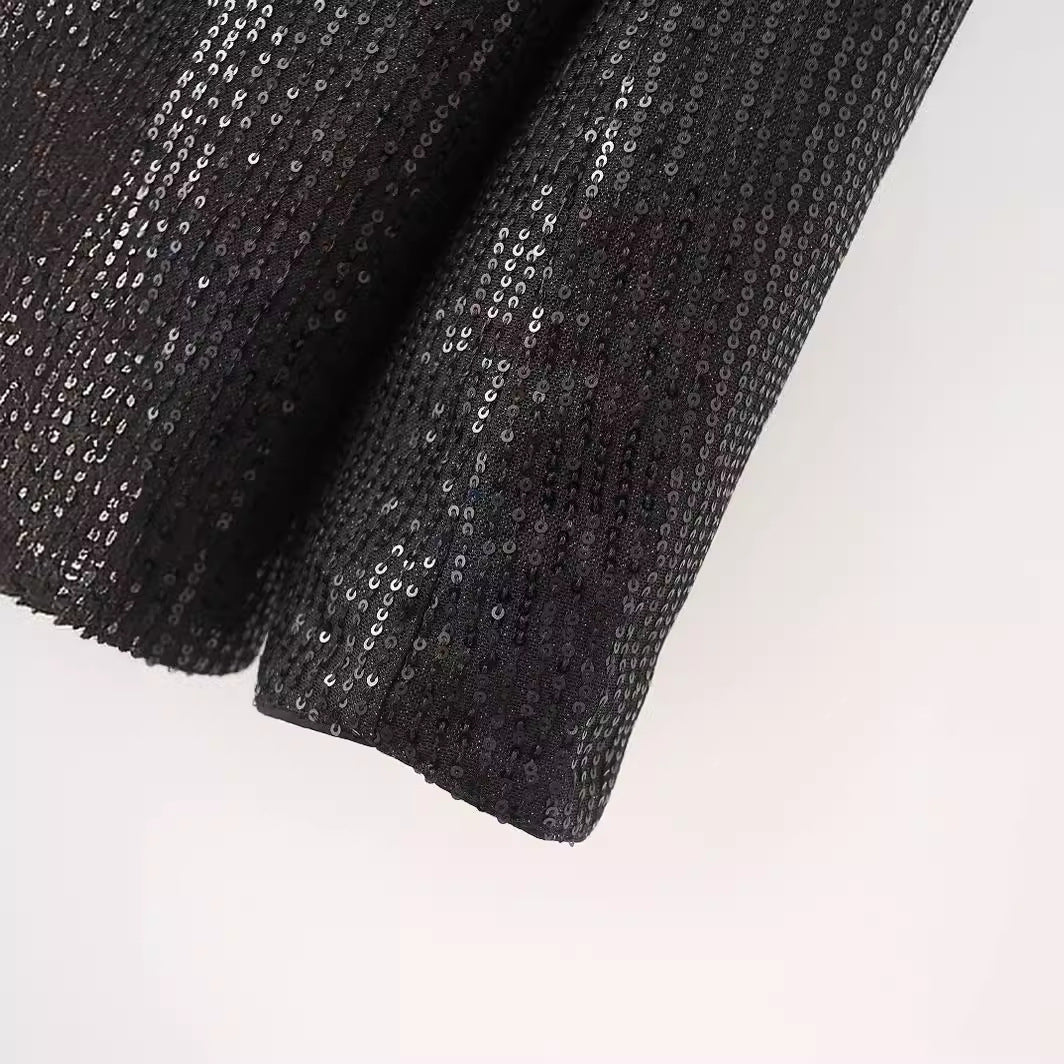 Damen nan taillierter Pailletten-Blazer mit Satin-Schalkragen und Pattentaschen Drune