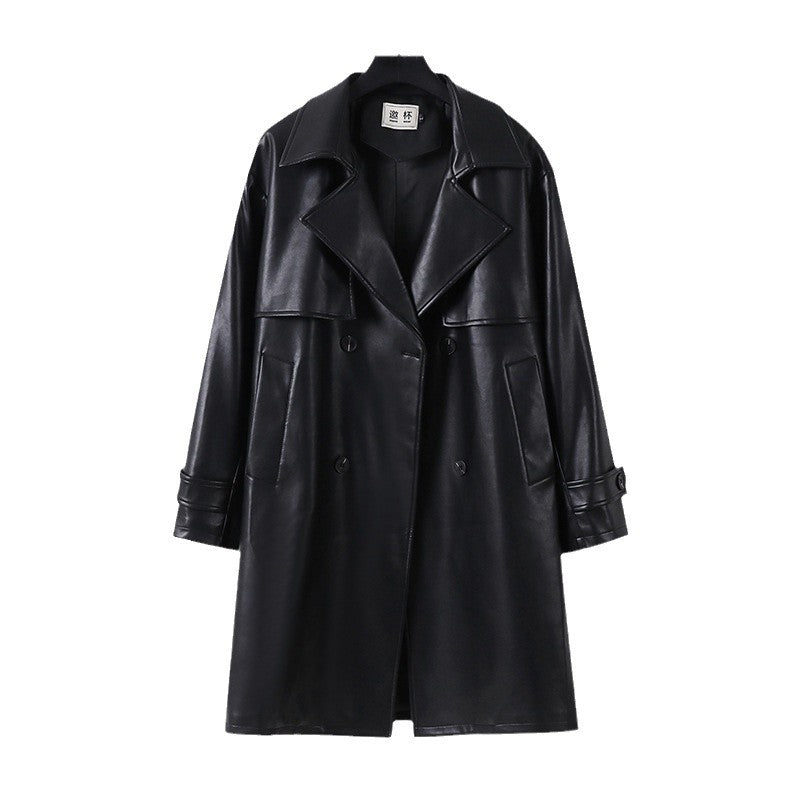 Herren Lederimitat-Trenchcoat mit Doppelreiher, Oversize-Schnitt und Manschettenriegel Drune