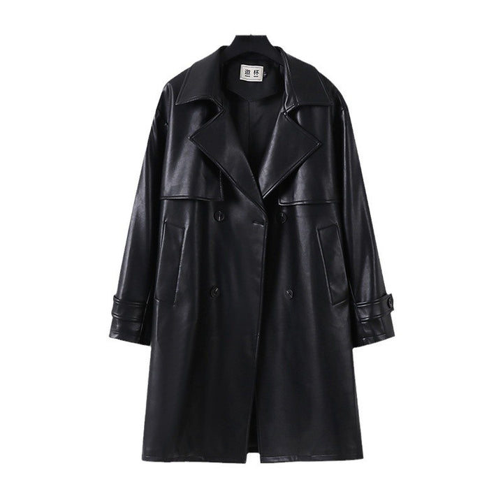 Herren Lederimitat-Trenchcoat mit Doppelreiher, Oversize-Schnitt und Manschettenriegel Drune