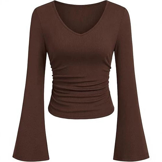 Damen Geripptes Cropped-Top mit V-Ausschnitt, taillierter Raffung und ausgestellten Trompetenärmeln Drune