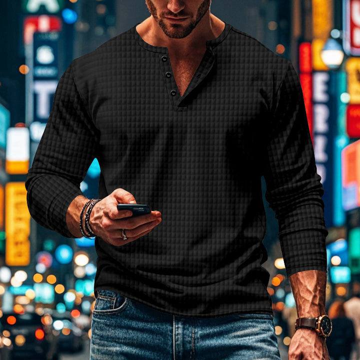 Herren nan figurbetontes Langarmshirt mit Rundhals-Knopfleiste und Waffelstruktur Drune