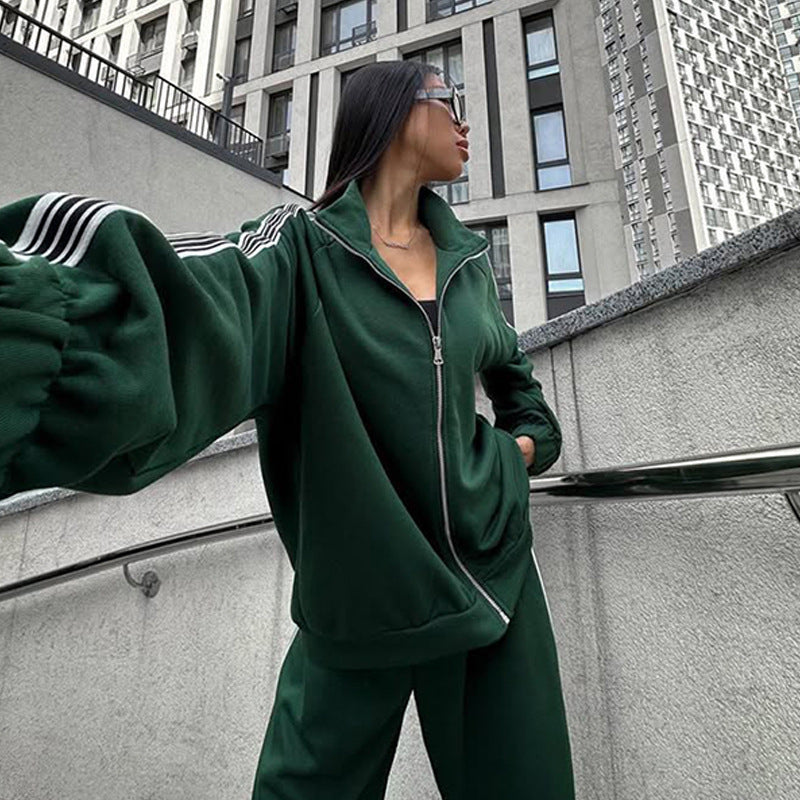 Damen Oversized Velours-Trainingsjacke mit markanten Kontraststreifen und geripptem Stehkragen Drune