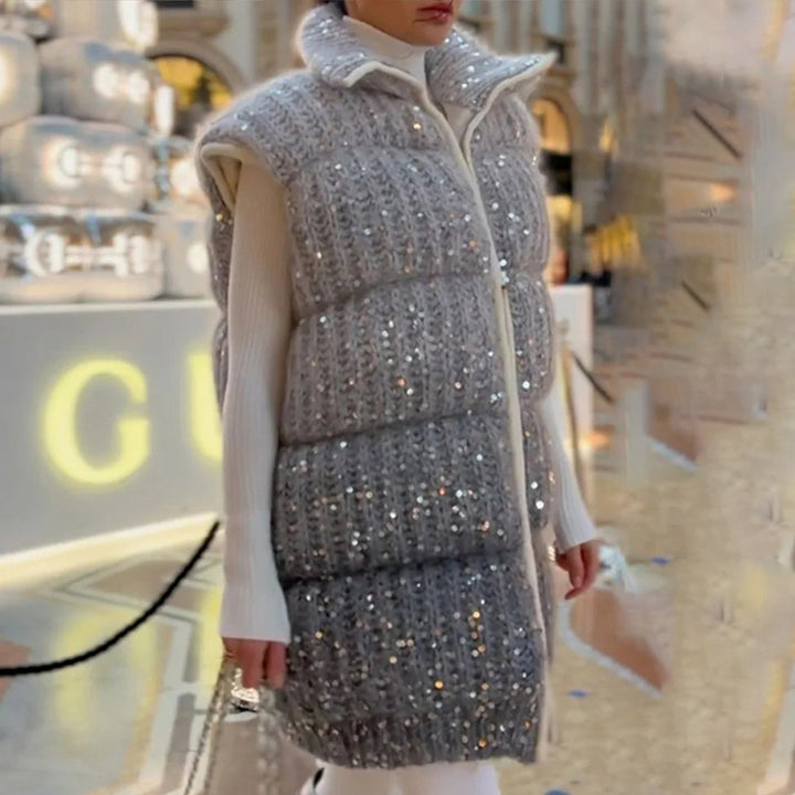 Damen Steppweste mit eleganten Pailletten-Details und hohem Kragen Drune