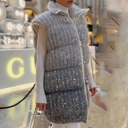 Damen Steppweste mit eleganten Pailletten-Details und hohem Kragen Drune
