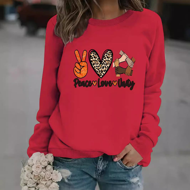 Damen Sweatshirt mit kreativem Peace, Love & Unity Motiv Drune