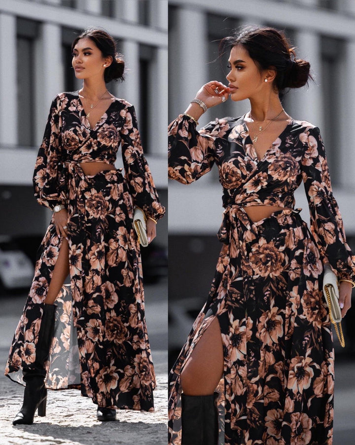 Damen Wickelmaxikleid mit festem Taillengürtel und raffinierten Volantärmeln Drune