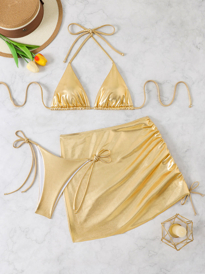 Damen schimmerndes Triangel-Bikini mit Wickelrock Drune