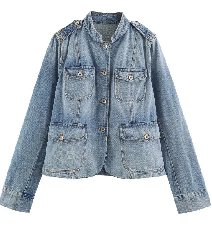 Damen Jeansjacke im Utility-Look mit Stehkragen, Pattentaschen und Schulterpatten Drune
