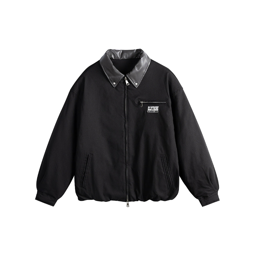 Unisex Oversized Blousonjacke mit Kunstleder-Umlegekragen, Zwei-Wege-Reißverschluss und elastischem Saum Drune