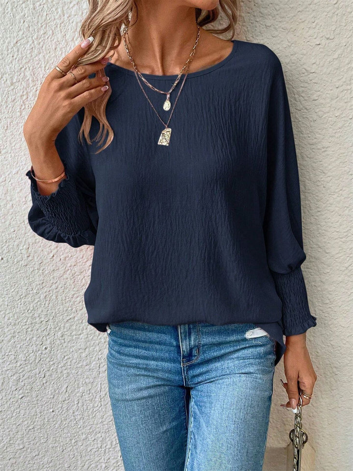 Damen Bluse mit strukturiertem Crinkle, Rundhalsausschnitt und Smokärmeln Drune