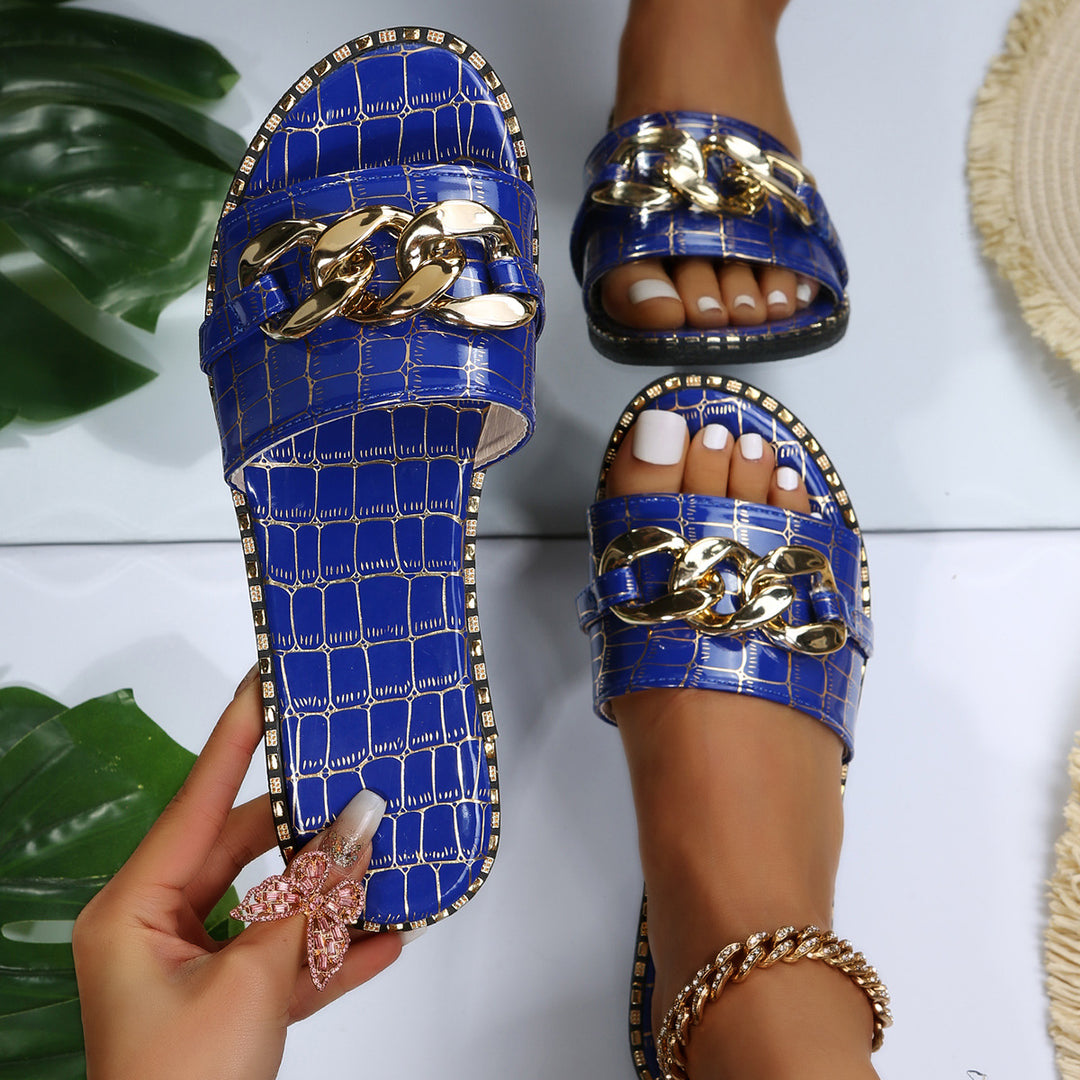 Damen Chunky-Chain-Pantoletten mit elegantem Ledermuster und komfortabler Sohle Drune