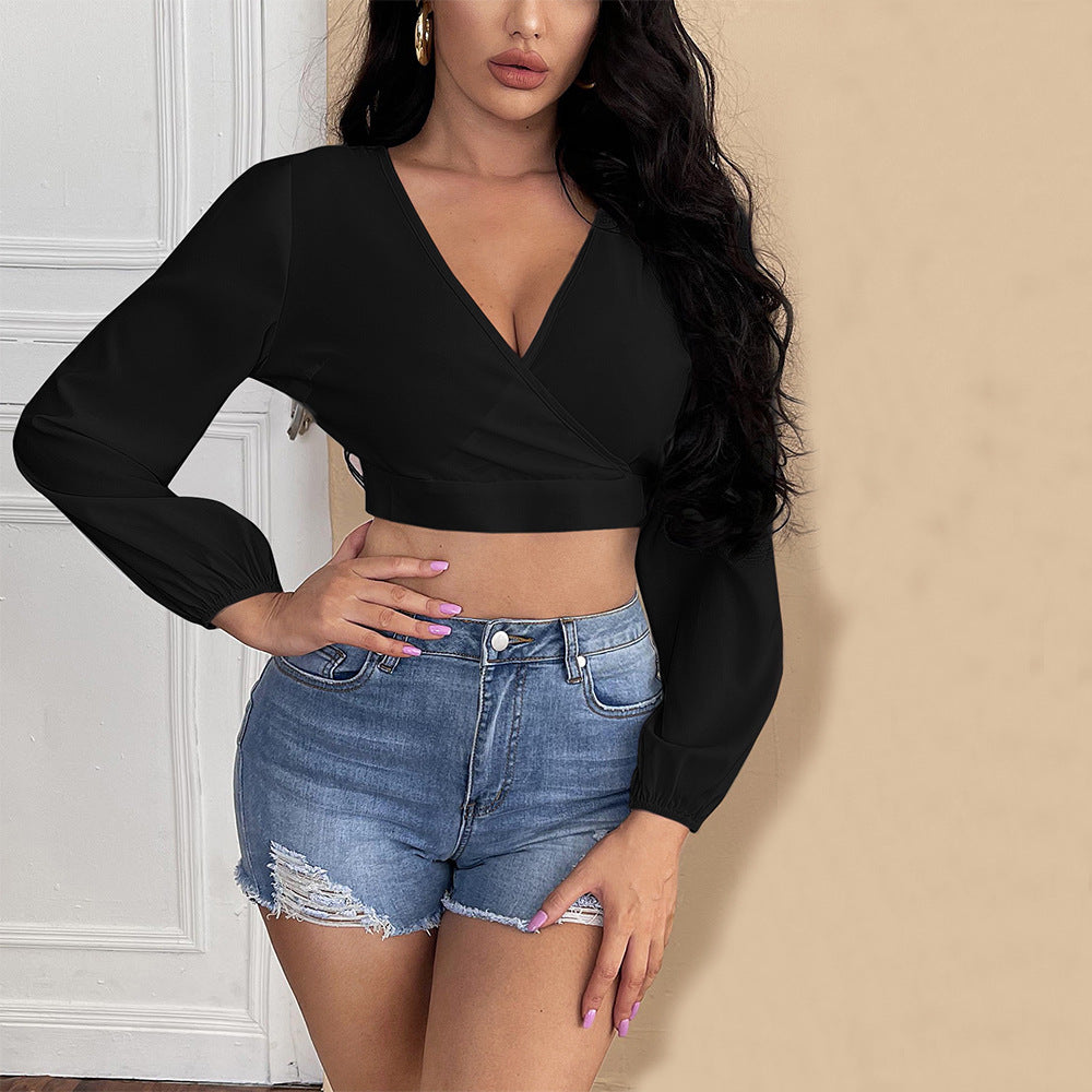 Damen cropped Oberteil mit tiefem V-Ausschnitt und eleganten Puffärmeln Drune