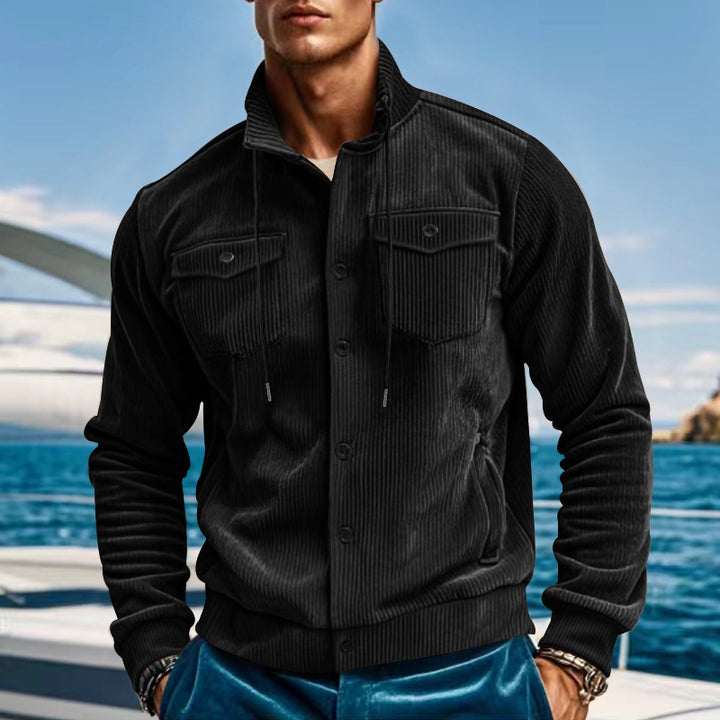 Herren nan lässige fein gerippte Cordjacke mit Stehkragen, Brusttaschen und elastischem Saum Drune