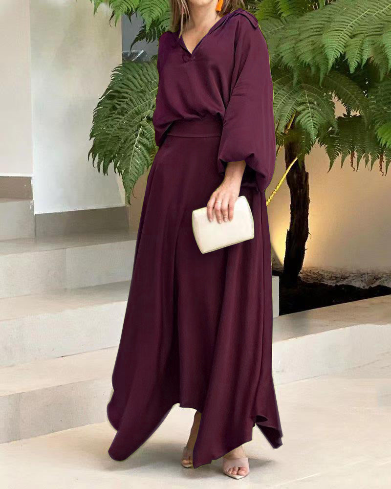 Damen Elegantes Maxikleid mit Kapuzen‑V‑Ausschnitt, Ballonärmeln und fließendem Saum Drune