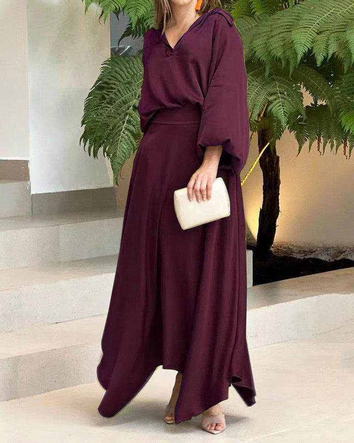 Damen Elegantes Maxikleid mit Kapuzen‑V‑Ausschnitt, Ballonärmeln und fließendem Saum Drune