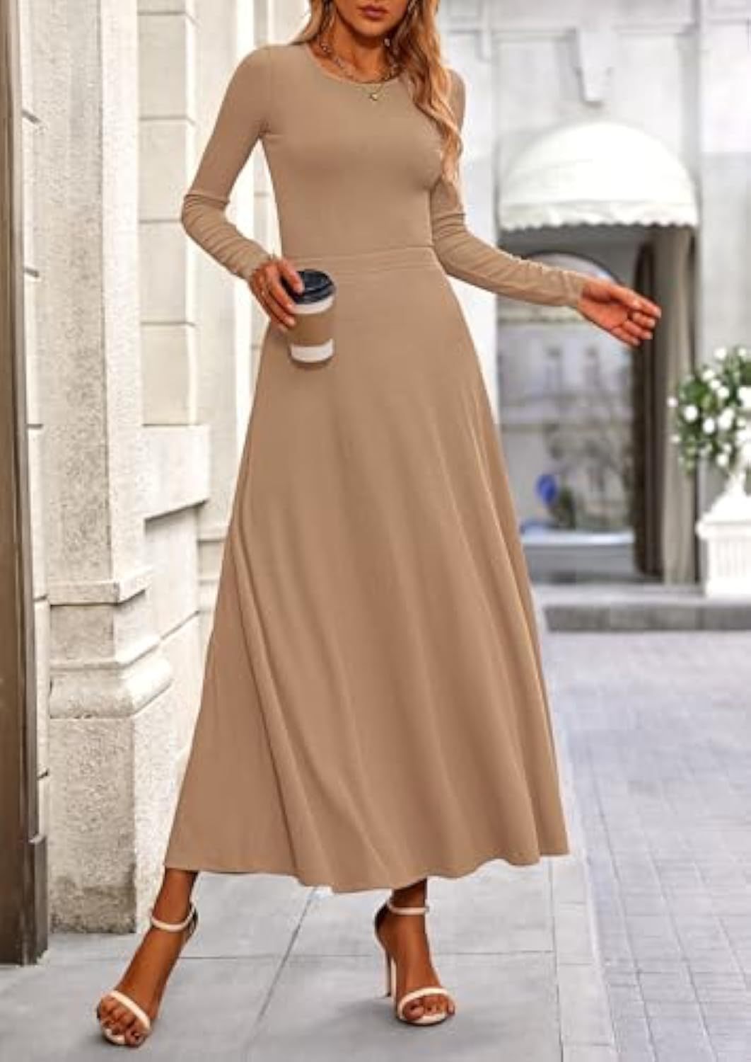 Damen Langärmeliges Maxikleid mit tailliertem Oberteil und fließendem A-Linien-Rock Drune