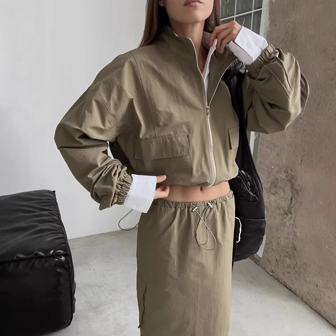 Damen praktische Utility-Jacke mit hohem Kragen und Taillenregulierung