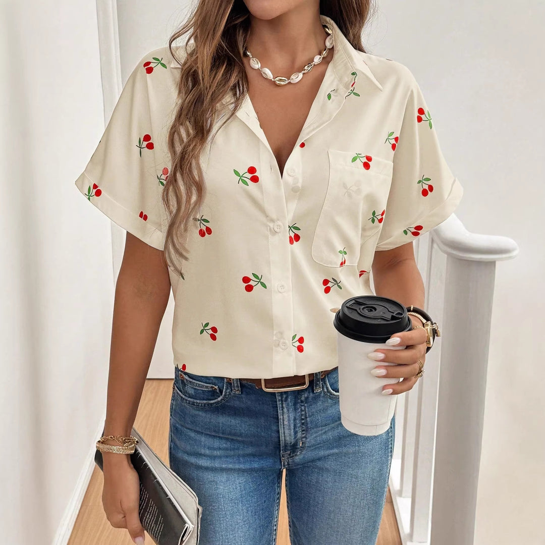 Damen Bluse mit frischem Kirschmuster und lässigem Schnitt Drune
