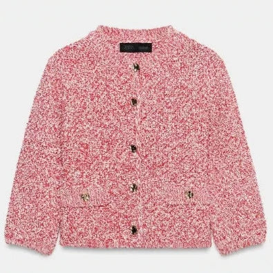 Damen Bouclé‑Strickjacke im Cropped‑Boxy‑Cut mit Zierknöpfen und Pattentaschen Drune