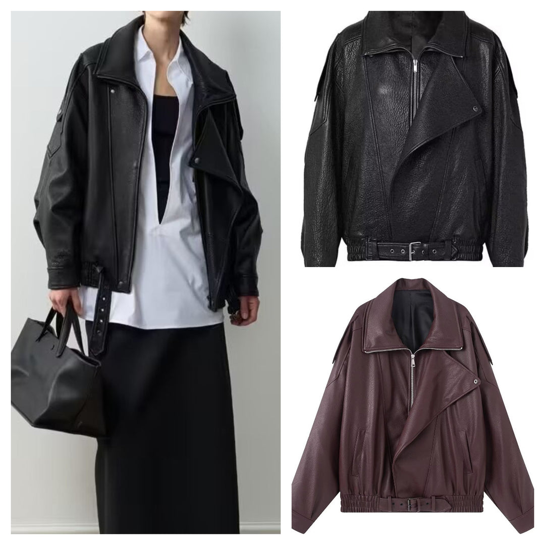 Damen Kunstleder Bikerjacke mit asymmetrischem Reißverschluss und Taillengürtel Drune