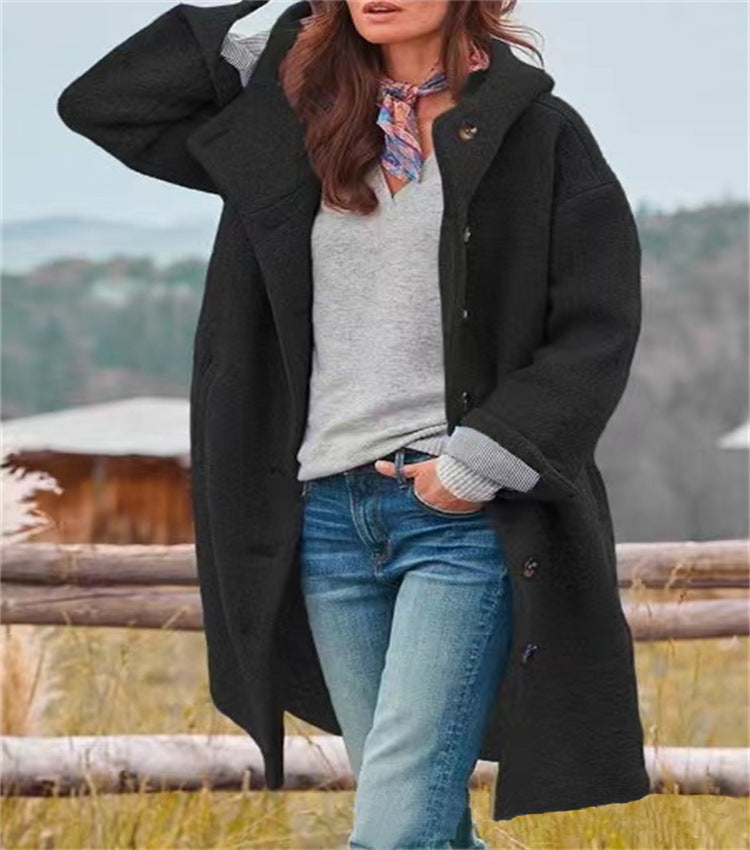 Damen Oversize Teddy-Mantel mit Knopfleiste und großem Revers Drune