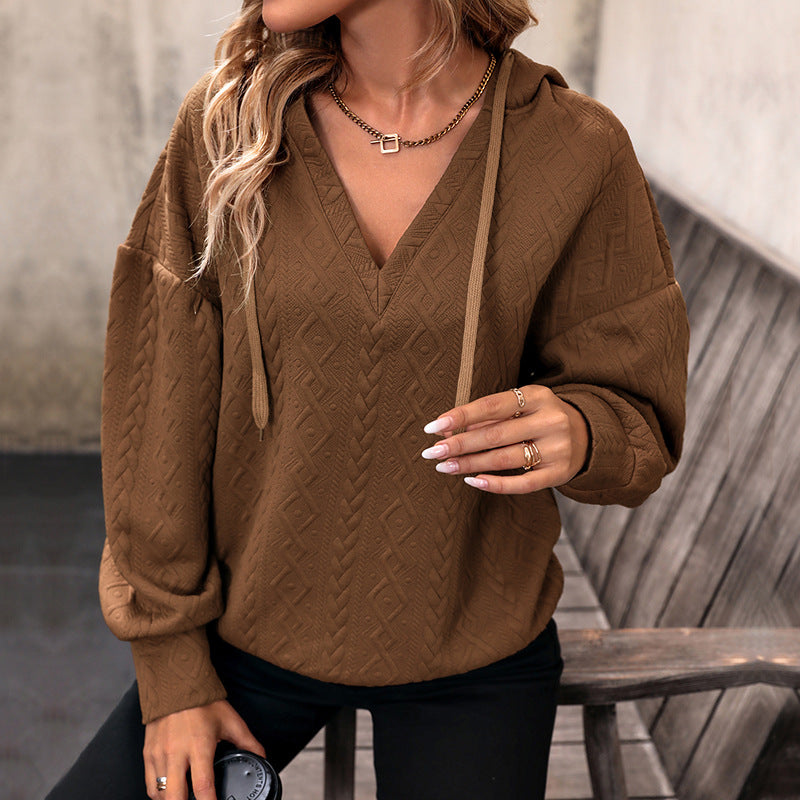 Damen Strukturiertes Zopfmuster-Kapuzen-Sweatshirt mit V-Ausschnitt und Ballonärmeln Drune