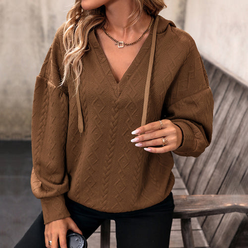 Damen Strukturiertes Zopfmuster-Kapuzen-Sweatshirt mit V-Ausschnitt und Ballonärmeln Drune