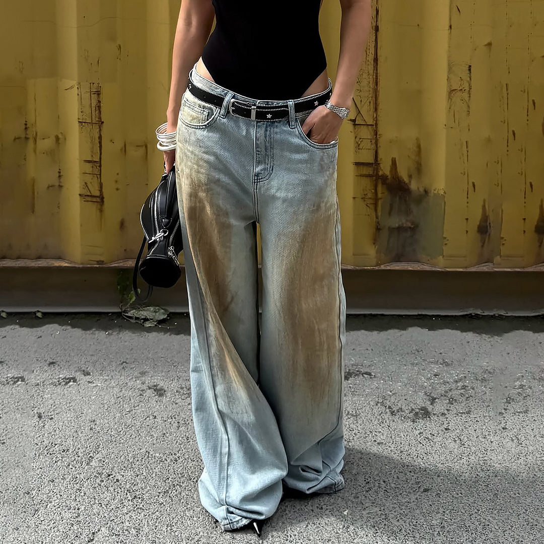 Damen weite Jeans mit einzigartigem Vintage-Waschung Drune
