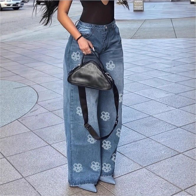 Damen High-Waist Wide‑Leg Denim-Jeanshose mit floraler Allover-Stickerei Drune