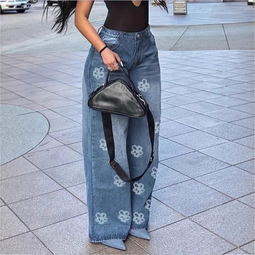 Damen High-Waist Wide‑Leg Denim-Jeanshose mit floraler Allover-Stickerei Drune