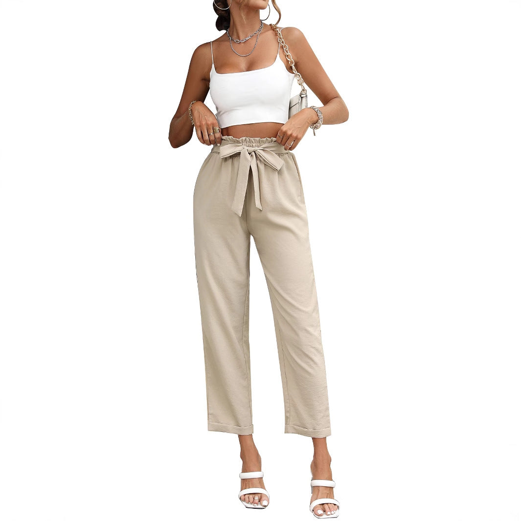 Damen elegante Locker sitzende Hose mit Taillenbindung Drune
