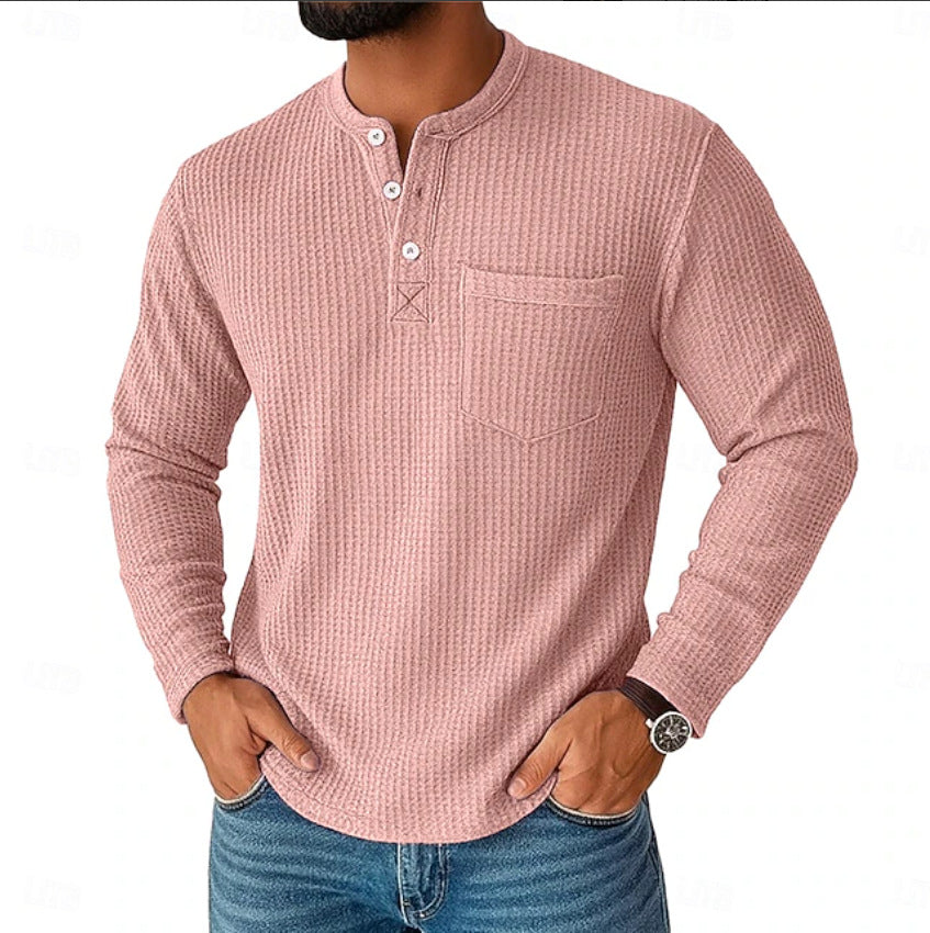 Herren Langarm Henley mit Waffelstruktur und Brusttasche thermisches Langarmshirt Drune