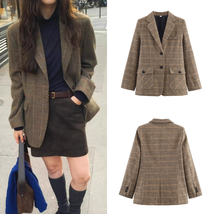 Damen Glencheck-Blazer mit Reverskragen, Pattentaschen und taillierter Silhouette Drune